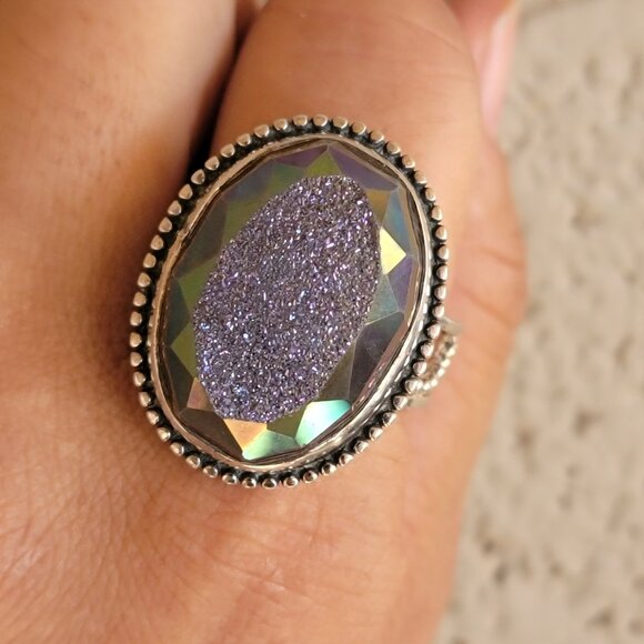 Designer Colleen Lopez purple flashy druzy 925 sterling silver heavy ring adjust - Picture 8 of 16
